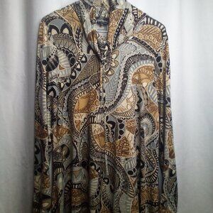 Links Blouse Shirt M Long Sleeve Drawstring Crowl Neck Pattern Black Gray Brown